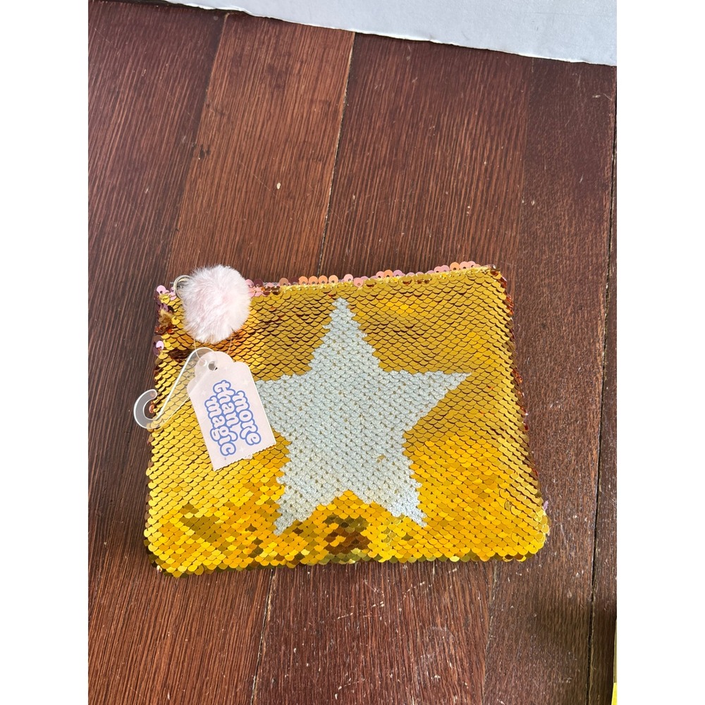 Moreβ Than Magic Gold Silver Star Flip Sequin Pouch Pink Pom Pom Makeup Bag NWT